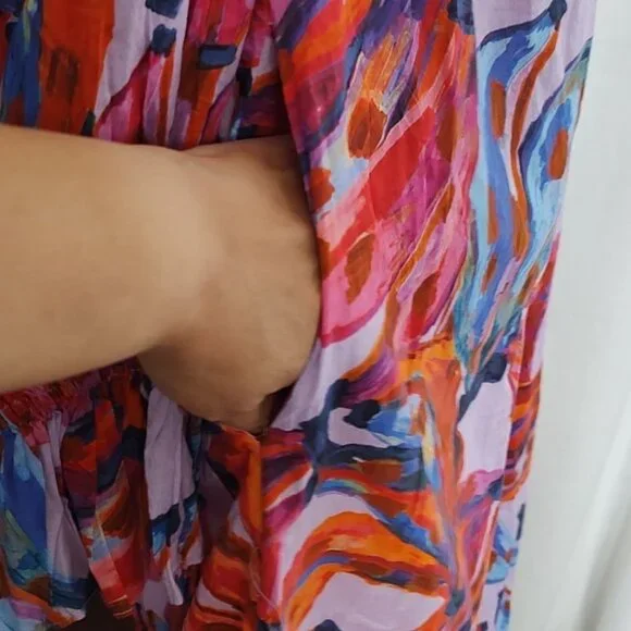 FARM Rio Maxi Dress L Coloured Bananas Puff Sleeves Smocked Tropical - Picture 11 of 15